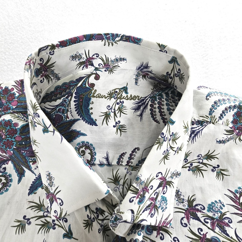 Alan Flusser Mens XL White Paisley Floral Cotton Button Down Shirt Long Sleeve - Picture 2 of 10